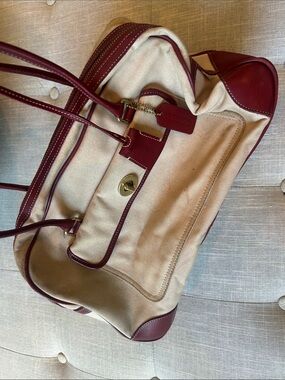 Vintage Coach Beige Canvas and Burgundy Leather Satchel